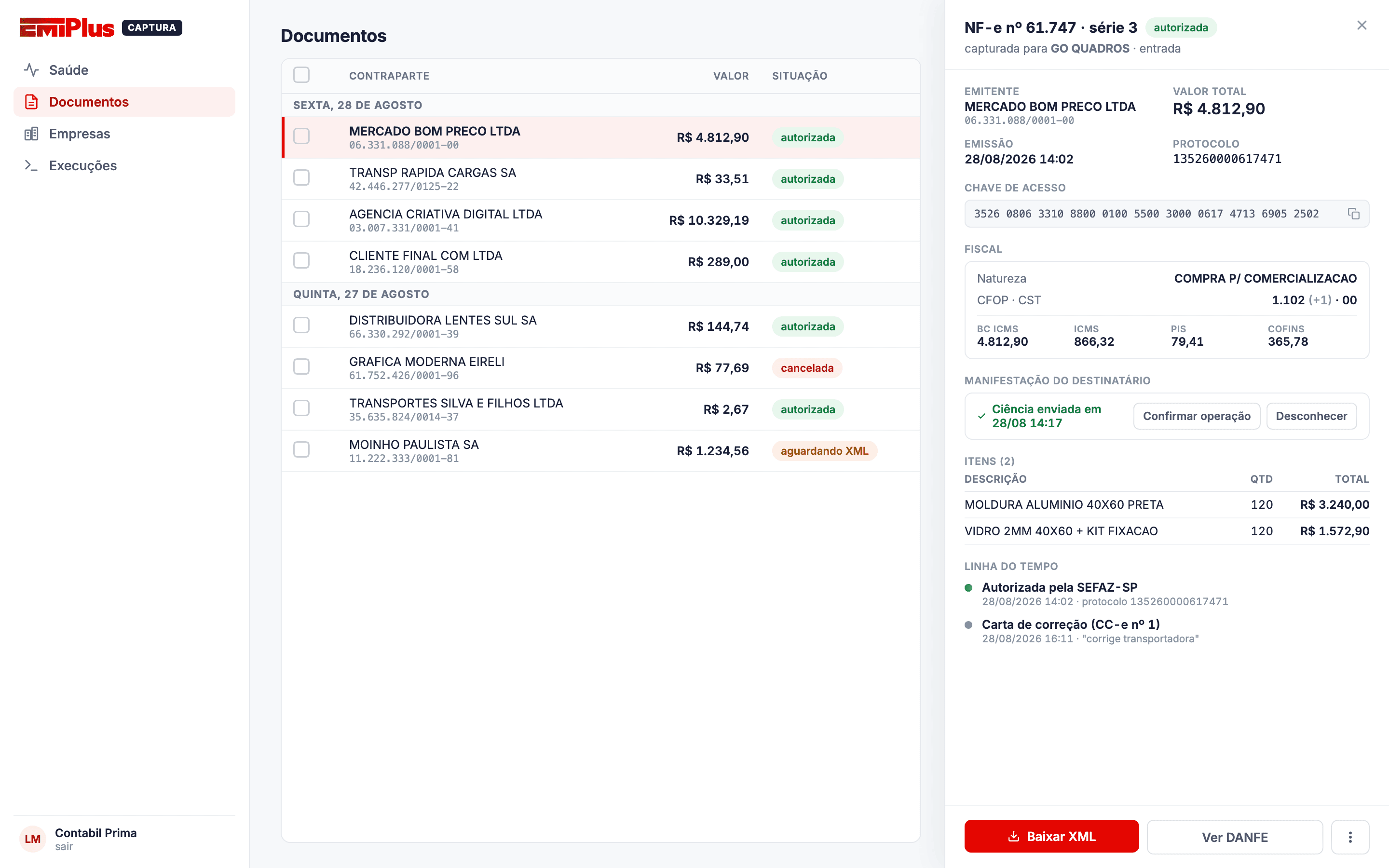 Tela do Emiplus Captura com a lista de documentos capturados, filtros por período e modelo, e exportação em ZIP